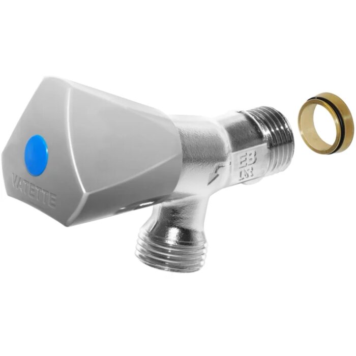 Gustavsberg tappventil med backventil och lös mutter, silver och grått material.