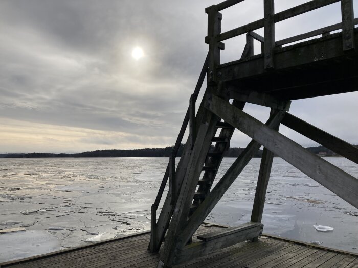 Träplattform vid frusen sjö med isflak, trätrappa leder uppåt, mulen himmel och svag sol i bakgrunden.