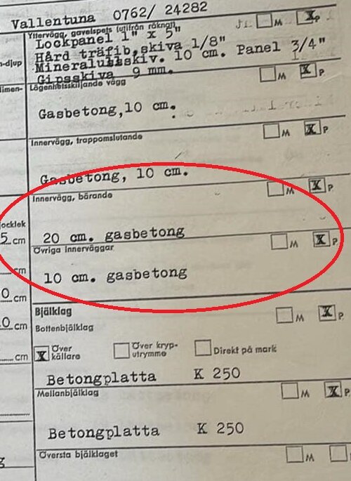 Piirustus, jossa on eritelty 10 cm ja 20 cm kaasubetoniseinät; punainen ympyrä korostaa kohtaa "20 cm kaasubetoni" ja muut sisäseinät.