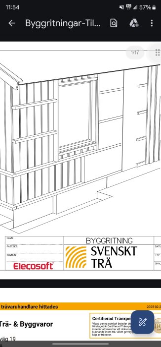 Byggritning visar träkonstruktion med väggsektion och fönster. Märkt med "Svenskt Trä" och "Elecosoft".