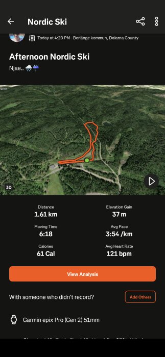 3D-karta av en skidtur i Borlänge, 1.61 km, 37 m höjdökning, 61 kalorier, 6:18 minuter, medeltempo 3:54/km, 121 bpm puls.