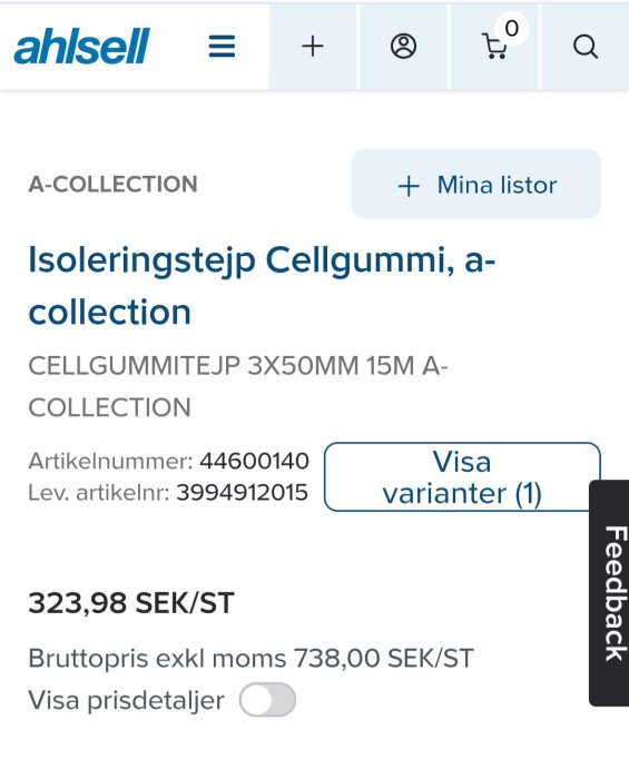 Isoleringstejp av cellgummi från A-collection på Ahlsell med artikelnummer 44600140 och priset 323,98 SEK per styck.