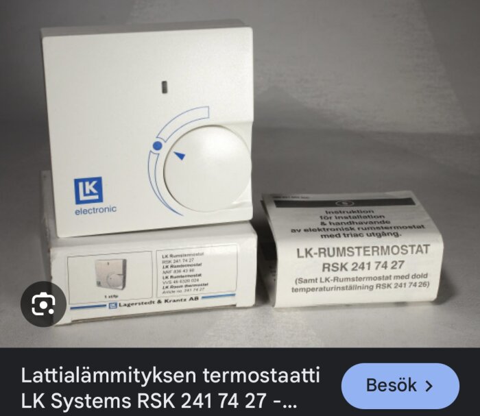 LK rumstermostat RSK 241 74 27 i vit förpackning, med installationsmanual, från LK Systems.