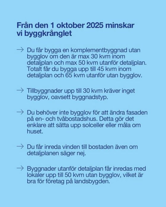 Text om bygglovsregler från 1 oktober 2025 med information om bygglovsfritt för komplementbyggnader, tillbyggnader och fasadändringar.