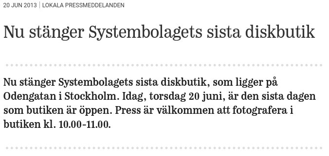 Pressmeddelande om stängningen av Systembolagets sista diskbutik på Odengatan i Stockholm, 20 juni 2013.