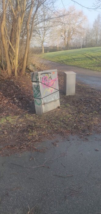 Två rostiga och klottrade skåp, sannolikt för fiberkabel, står utomhus nära en stig omgivna av träd och gräs.