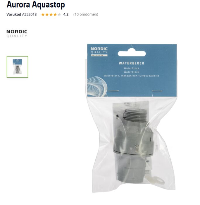 Förpackad Aurora Aquastop vattenblock, modellnummer A352018, med betyg 4.2 av 5, tillverkad av Nordic Quality.