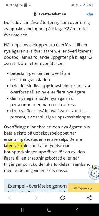 Text från Skatteverket.se om återföring och överföring av uppskovsbelopp vid fastighetsförsäljning samt hantering av latent skuld.