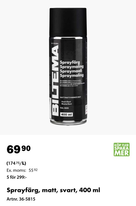 Svart sprayburk från Biltema, 400 ml, matt finish, artnr. 36-5815, pris 69,90 kr.