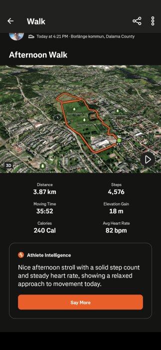 Karta över promenadrutt i Borlänge, 3,87 km, 4576 steg, 35 min rörelsetid, 18 m höjdökning, 240 kalorier förbrända, snittpuls 82 bpm.