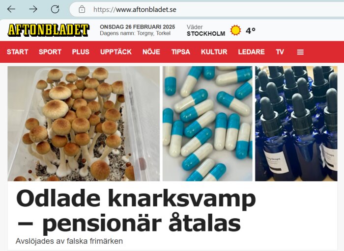 Aftonbladet hemsida med bilder av psykoaktiva svampar, kapslar och blå flaskor. Text: "Odlade knarksvamp – pensionär åtalas".