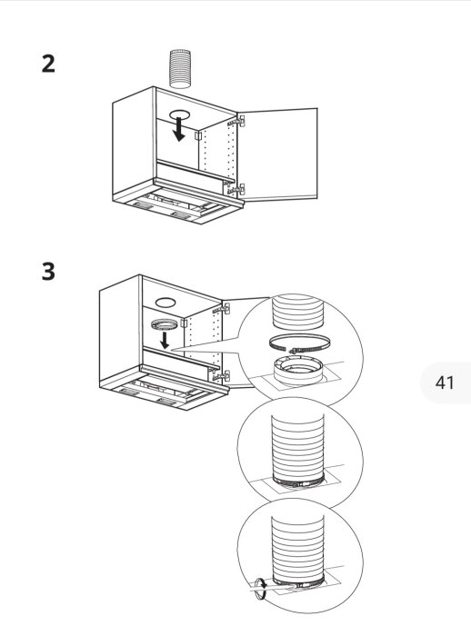 Illustration av installationsprocessen för ventilationsrör till en Ikea-fläkt, inklusive det justerbara metallbandet och rörmuffen.