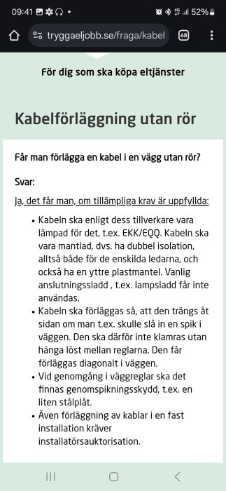Skärmbild av en webbsida med titeln "Kabelförläggning utan rör" med instruktioner för säker kabelinstallation i väggar enligt föreskrivna krav.