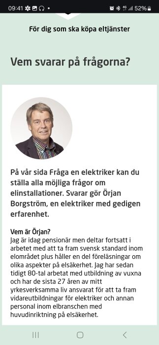 Mobilskärmbild med information om en elektriker, inklusive ett porträttfoto och en text om att ställa frågor om elinstallationer.