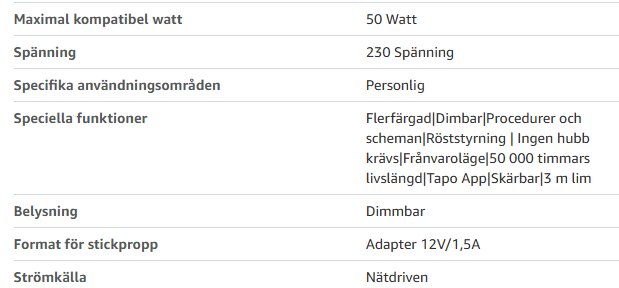 Produktbeskrivning med detaljer om strömförsörjning, maximal effekt, speciella funktioner som röststyrning och belysningsalternativ för en TP-Link-enhet.