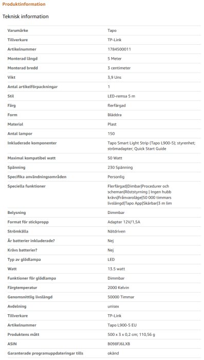 Produktinformation för TP-Link Tapo LED-remsa, 5 meter, flerfärgad, dimbar, med tekniska specifikationer och komponentlista.