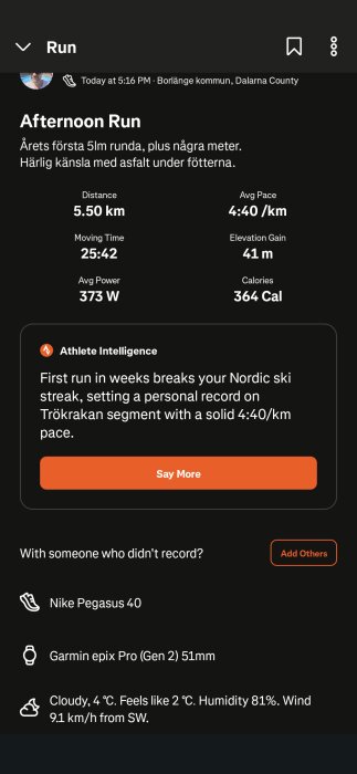 Bild av träningsdata från en löprunda: 5,50 km distans, 4:40 min/km medelhastighet, 25:42 min rörelsetid, 41 m höjdökning, 364 kcal.