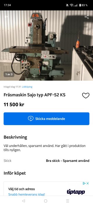 Fräsmaskin Sajo APF-52 KS i metallverkstad med instrumentpanel med knappar, vridreglage och spak.