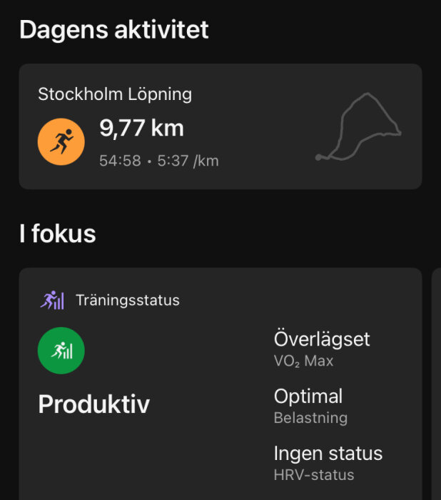 Löpningsresultat: 9,77 km i Stockholm, tid 54:58, tempo 5:37/km. Träningsstatus: produktiv, VO2 Max överlägset, belastning optimal, HRV-status ingen.