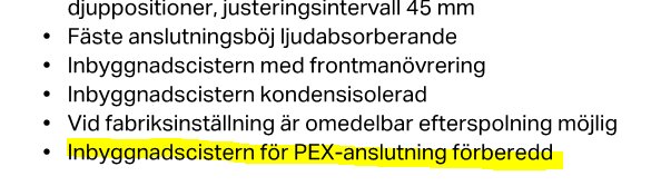 Punktlista över funktioner för Sigma H112, inklusive ljudabsorberande infästning och förberedd för PEX-anslutning, med text markerad med gul överstrykningspenna.