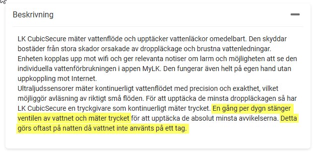 Beskrivning av LK CubicSecure vattenfelsbrytare med gulmarkerad text om funktioner och säkerhetsåtgärder.