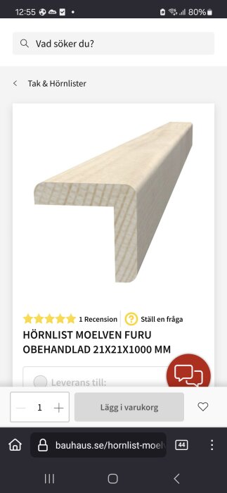 Obehandlad L-formad hörnlist i furu, 21x21x1000 mm från Bauhaus. Visas på en produktsida med köpalternativ.