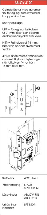 Instruktionsbild för ABLOY 4190 låshus med diagram och specifikationer för mått och komponenter.