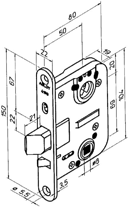 Skiss av låshus Boda/Abloy 4190 med måttangivelser. Visar detalj av låshusets konstruktion och storlek.