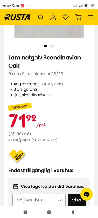 Rusta laminatgolv Scandinavian Oak, ljus stil, 6 mm, AC3/23 slitstyrka, 8 års garanti, medlemserbjudande 71,92 kr/m². Endast i butik.
