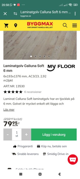 Laminatgolv Calluna Soft 6 mm från Byggmax. Pris 79,95 kr/m². Enkel att lägga, finns i storlek 6x193x1376 mm.
