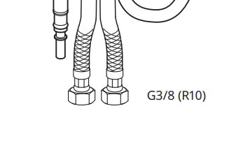 Bilden visar två G3/8 (R10) blandaranslutningar med flätade slangar och muttrar.