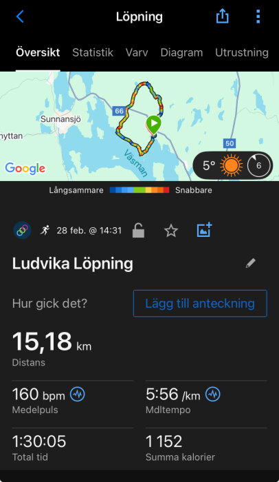 Skärmbild av löprunda i Ludvika, Sverige, 15,18 km lång, med information om tempo, puls, tid och kalorier. Kartan visar rutten runt Väsman.