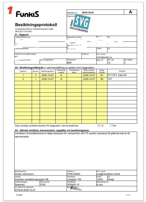 Besiktningsprotokoll för ventilationssystem i byggnad med byggår 1960, inklusive besiktningsresultat och allmänt omdöme från Svenska ventilationsgruppen AB.