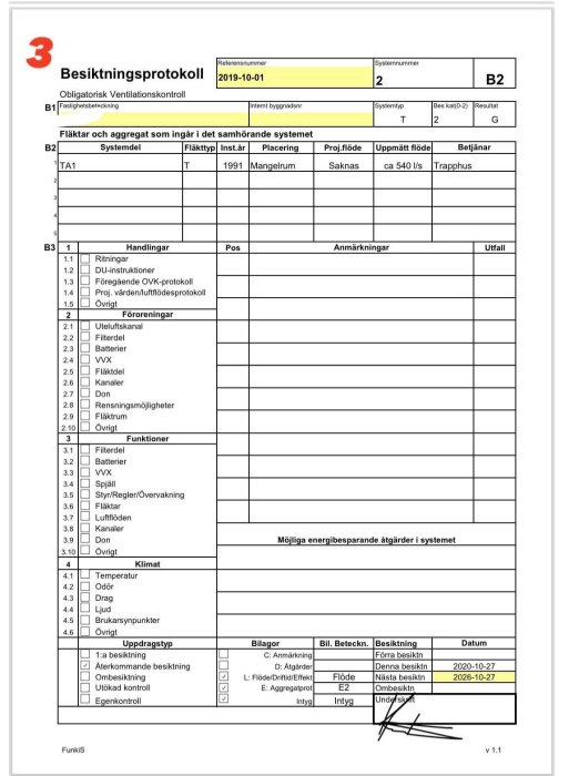 Besiktningsprotokoll för ventilationskontroll från 2019, med systemdetaljer och besiktningsdatum 2020 och 2026.