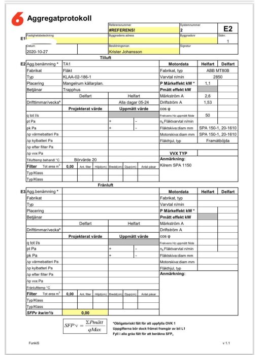 Ett aggregatprotokoll med detaljer om fläkt och motordata, inklusive driftinformation och specifikationer, signerat Krister Johansson den 27 oktober 2020.