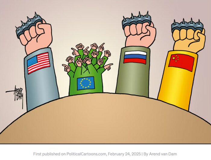 Karikatyr med USA, EU, Ryssland och Kina som knyts knyter händer, symboliserar geopolitisk spänning.