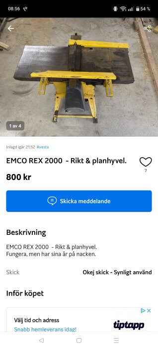 Gul och svart EMCO REX 2000 rikt- och planhyvel på en betonggolv, i okej skick.