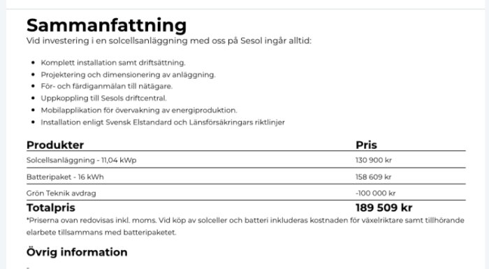 Offert för solcellsanläggning från SESOL med priser och detaljer angående installation och mobila tjänster, totalpris: 189 509 kr inklusive Grön Teknik avdrag.
