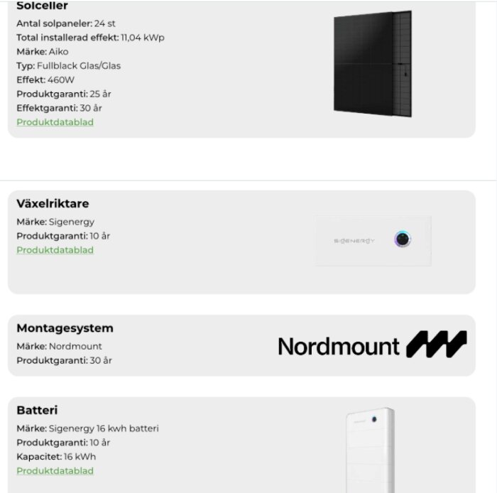 Bild på offert från SESOL för solcellsanläggning med solpaneler, växelriktare, montagesystem och batteri, inklusive specifikationer och garantier.