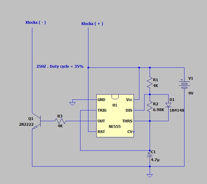 Schematisk ritning av en klockgenerator med en NE555 timer IC, frekvens 25 Hz och 35% arbetscykel, inkluderar motstånd, kondensator och transistorer.