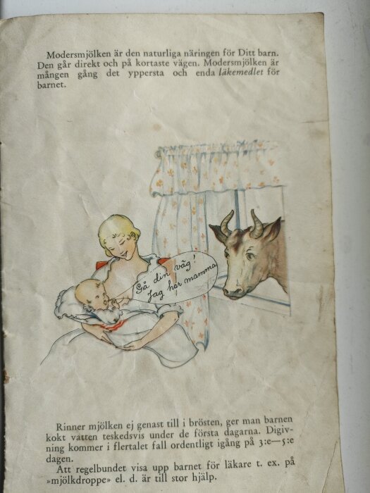Illustration av en kvinna som ammar sitt barn medan en ko tittar in genom ett fönster. Texten handlar om modersmjölkens naturliga näring.