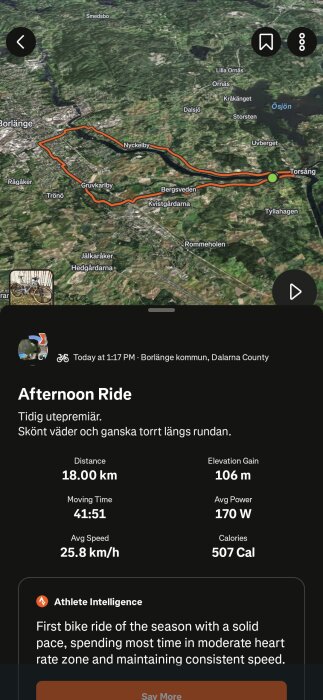 Cykelrutt i Borlänge kommun på kartbild, markerad i rött. Ruttens distans 18 km, genomsnittlig hastighet 25,8 km/h. Summering av åkturens data visas.