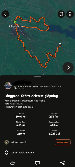Karta över en löprunda i Söderköping med streckad rutt. Distans: 39,07 km, medelhastighet: 7:13/km, total stigning: 601 m. Garmin Forerunner 965 användes.