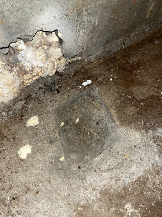 Sprucken källarvägg med fuktfläckar och blottad betong där dräneringsrör kan vara installerade under ytan.