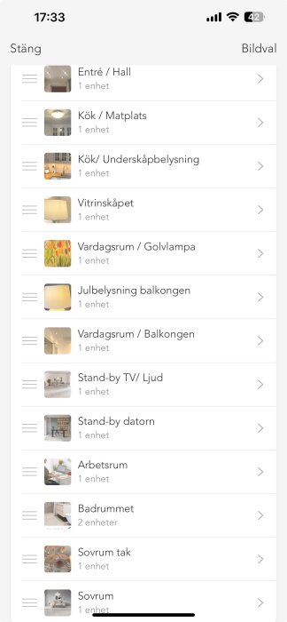Lista över rum med bilder och enheter, inklusive entré, kök, vardagsrum, badrum, sovrum och arbetsrum. Tiden visar 17:33 med batteriindikator.