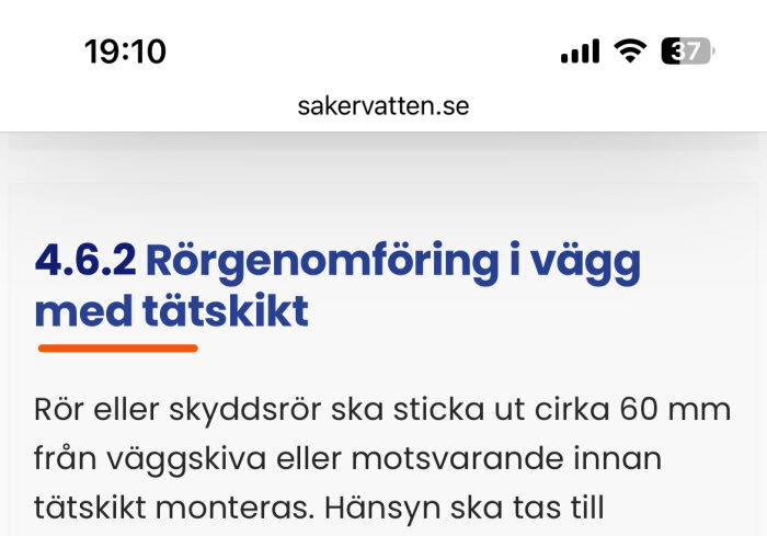 Instruktionstext om rörgenomföring i vägg med tätskikt från sajten säker vatten.