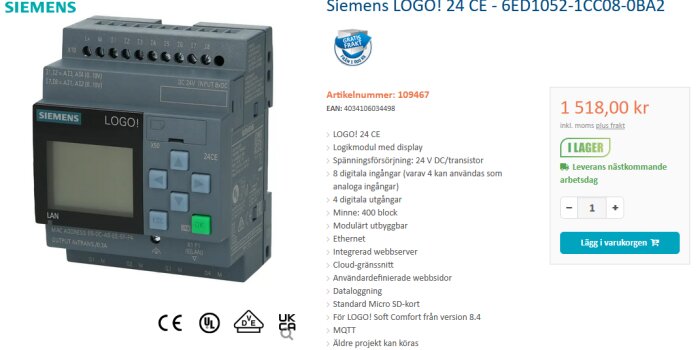 Siemens LOGO! 24 CE, en logikmodul med display och flera in- och utgångar för styrning, visas med pris och produktdetaljer.