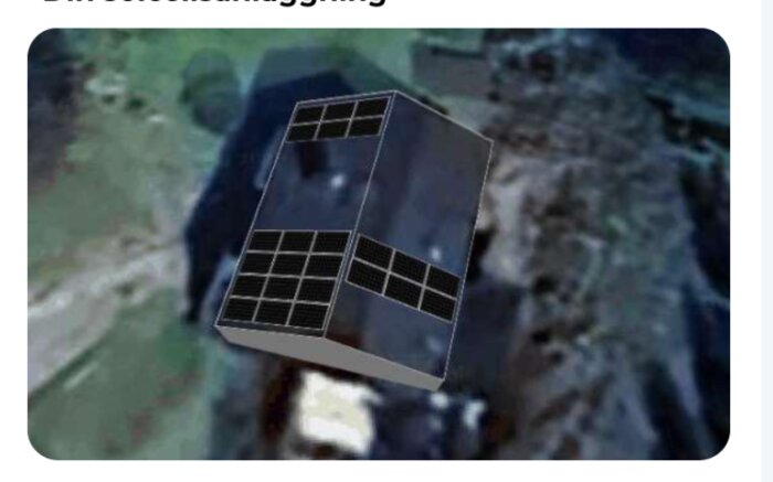 En byggnadsmodell med solpaneler på taket visas på en satellitbild, med skuggning i öster för att simulera växande skog.