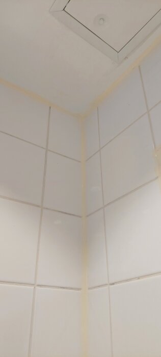 Kakelvägg med gulnad fog i ett hörn av ett rum.