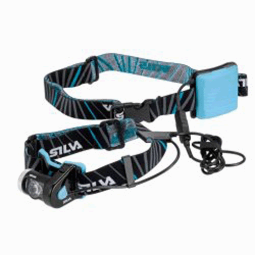 Pannlampa Silva X-trail med huvudband och anslutet batteripack.